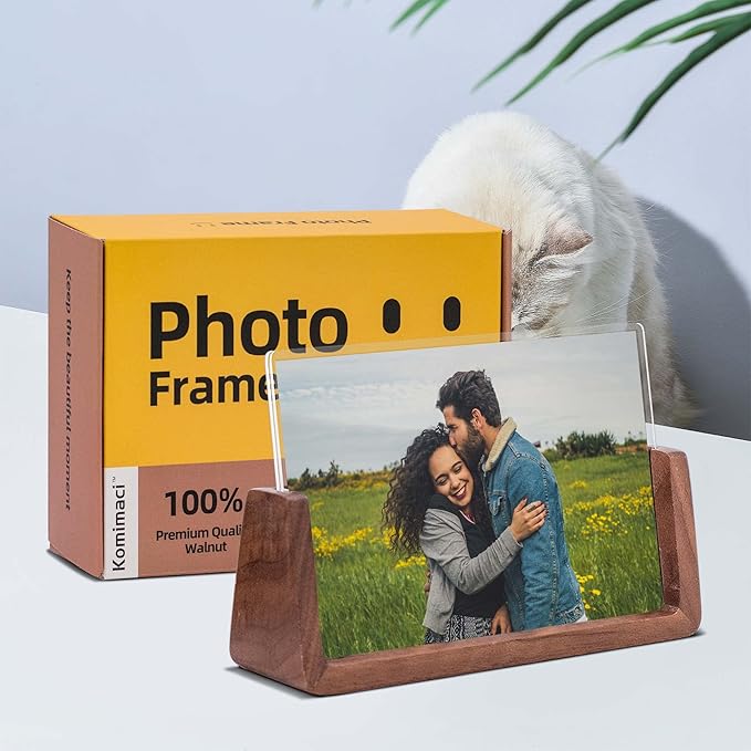 Portarretratos de 4 x 6 pulgadas, marcos de fotos de madera rústica sólida con base de madera de nogal y cubiertas de vidrio acrílico de alta definición - para exhibición sobre la mesa