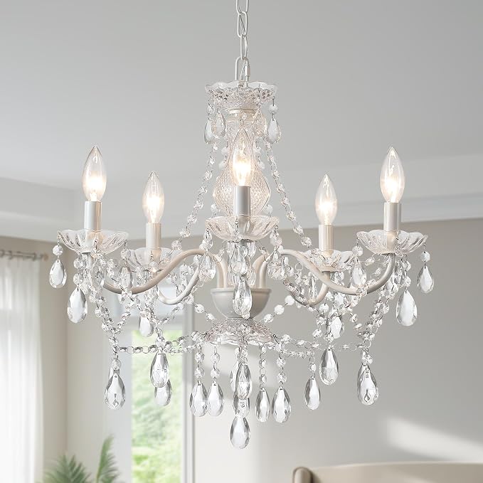 AMZASA Lámpara de araña de cristal blanco, lámpara colgante de cerámica blanca, colgante de cristales y plato de vidrio, lámparas de araña de 5 luces de cristal para medallones de techo, boda, comedor