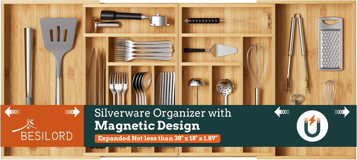 Organizador de cubiertos grande, magnético y expandible, con 11 ranuras, organizador de cajones para cubiertos de 21 a 37,4 pulgadas, soporte ajustable para cubiertos, bandeja de bambú para utensilios de cocina.