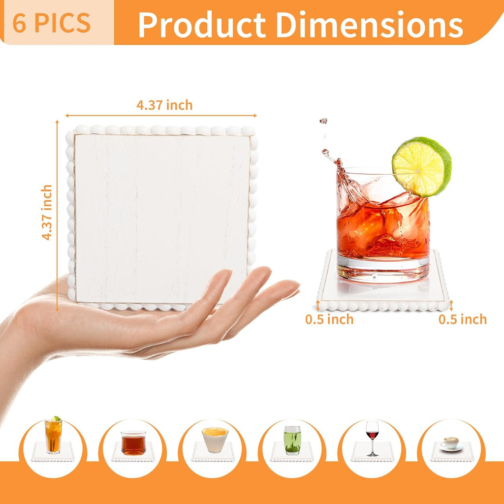 GENMOUS - Paquete de 6 posavasos de madera con cuentas de granja con soporte de metal para decoración de mesa auxiliar, cuadrados hechos a mano, juego de vasos absorbentes para bebidas, rústico, lindo para decoración de mesa de cocina del hogar, regalo