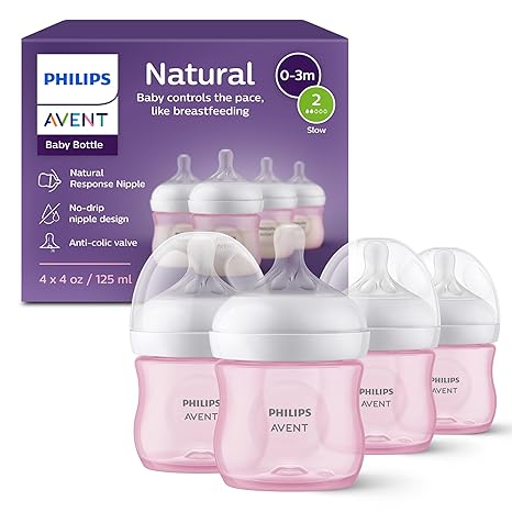 Philips Avent - Biberón natural con boquilla de respuesta natural, rosa, 4 onzas, paquete de 4, SCY900/14