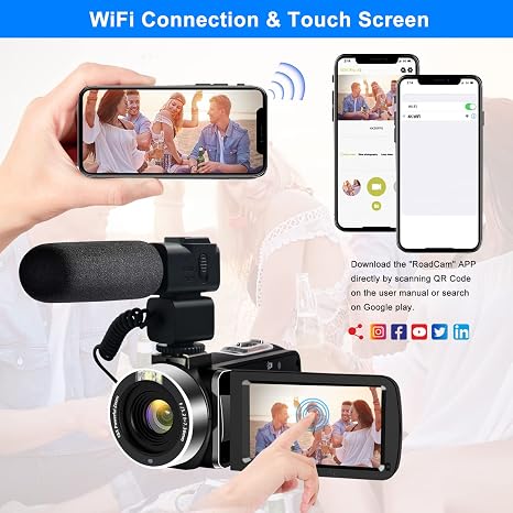 Videocámara 4K Ultra HD 48MP con WiFi – Cámara Vlogging para YouTube con Zoom 18X, Pantalla Táctil 7.6 cm, Micrófono, Estabilizador, Parasol, Control Remoto y 2 Baterías
