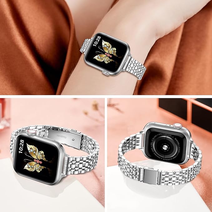 MioHHR Correa Metálica delgada Compatible con Apple Watch Banda 42mm (Series 11 10) 41mm (Series 9 8 7) 40mm (Series 6 5 4 SE3/2/1) 38mm (Series 3 2 1), Bandas de Acero Inoxidable iWatch para Mujeres