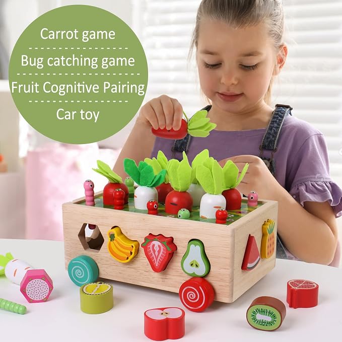 Montessori multifunción huerto Juguete Carro Juguetes educativos de Madera 3 años niños y niñas Montessori tamaño clasificación y conteo Juego de Puzzle Zanahoria Cosecha Desarrollo Regalos