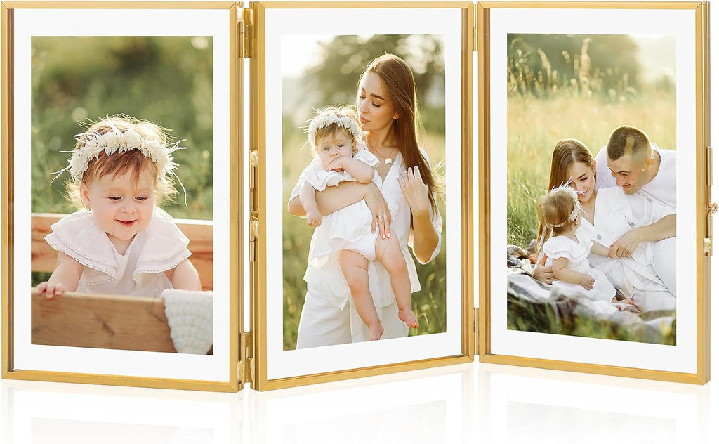 Jajamy Gold 4x6 Triple Picture Frame, Gold Folding Picture Frames with Three Opening, Hinged Glass Floating Picture Frames for Artwork Photo Stand on Tabletop