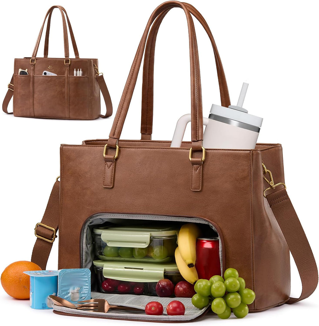 LOVEVOOK Bolsa de Almuerzo para Mujer | Tote de Cuero para Trabajo con Compartimento Térmico | Para Laptop 15.6 pulgadas | 2 en 1 para Oficina, Maestras y Enfermeras