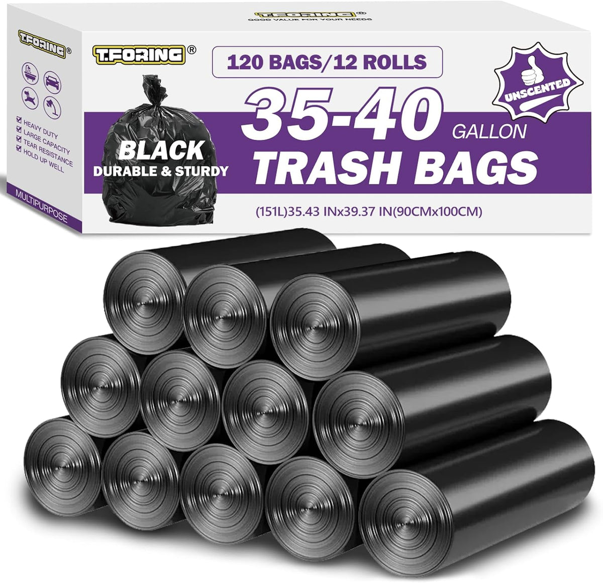 Bolsas de basura negras de 35-40 galones, paquete de 120 unidades - Bolsas de basura grandes de 35" x 40", bolsas resistentes para contenedores de basura de más de 30 galones para uso doméstico, comercial, residuos de jardín y a granel.