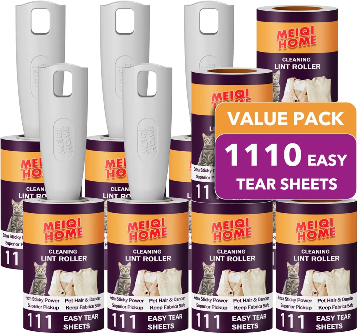 Set de Rodillos Quitapelusa MEIQIHOME para Pelo de Mascota – 1110 Hojas, 10 Rodillos y 5 Mangos, Adhesivo Extra Fuerte