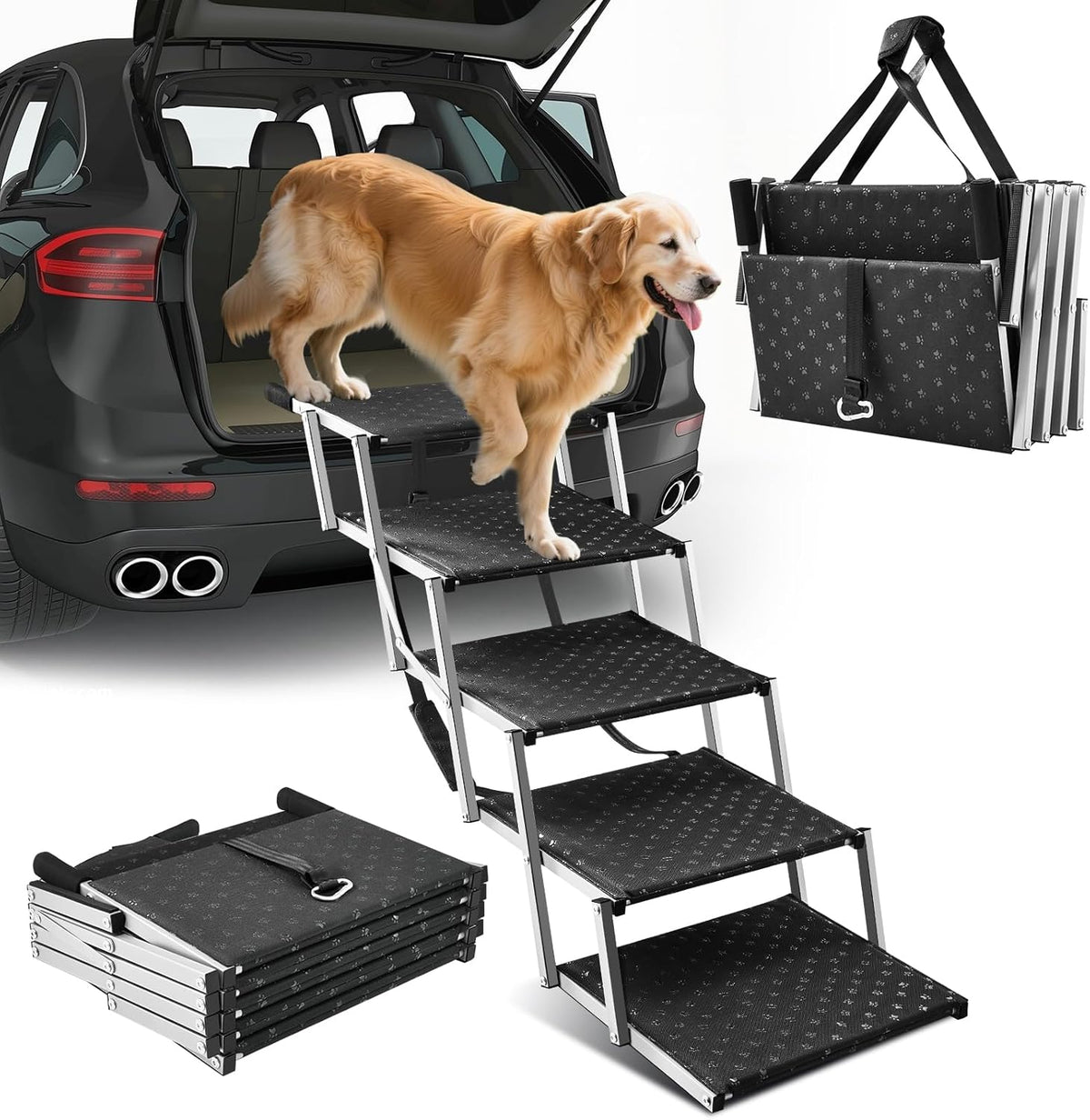 Rampas para perros Sakerplus para coche, escaleras plegables para perros de 45 cm de ancho con superficie antideslizante, escalones portátiles para mascotas para SUV, cajas altas, camiones, soportan hasta 90 kg, 5 escalones.