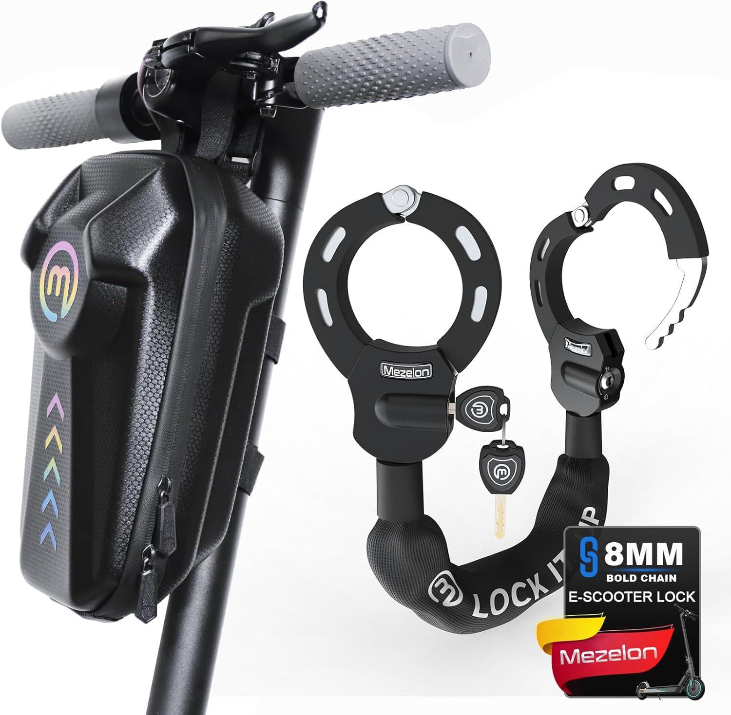 Mezelon Scooter Lock 8mm Chain - Heavy Duty Anti-Theft Security Lock with 3 Keys - Includes Waterproof Front Bag - For Electric Scooter, E-Bike, Motorcycle, Bicycle