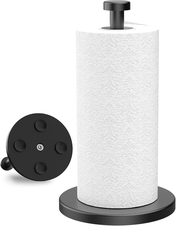 VEHHE Soporte para toallas de papel negro para encimera, soporte para toallas de papel de acero inoxidable con base pesada y ventosas para cocina y baño