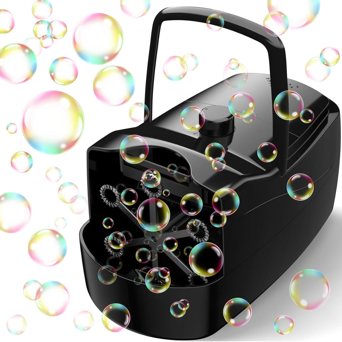 Máquina de Burbujas Automática 18000+ por Minuto | Soplador de Burbujas Grandes para Niños con 2 Velocidades y 6 Varitas | Enchufe o Baterías | Negro