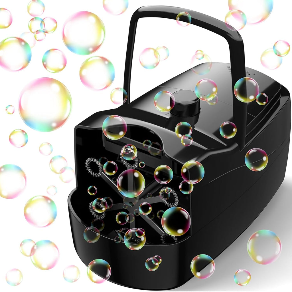 Máquina de burbujas automática, generador de más de 18.000 burbujas grandes por minuto para niños pequeños, con 2 velocidades, 6 varitas, funciona con enchufe o pilas para fiestas de cumpleaños y bodas en interiores y exteriores (Negro).