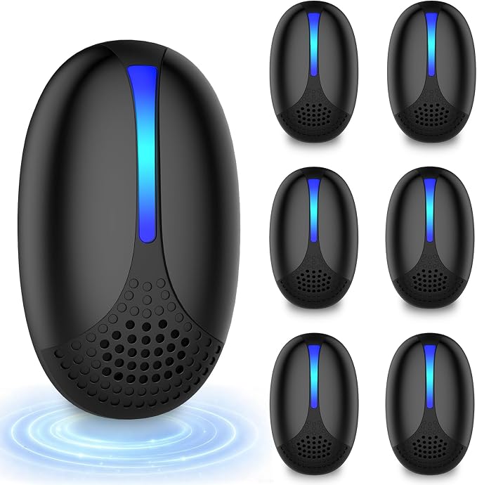 Juego de 6 repelentes ultrasónicos de plagas: repelente electrónico enchufable para ratones e insectos contra ratones, ratas, mosquitos, cucarachas y arañas. Para uso en interiores (negro).