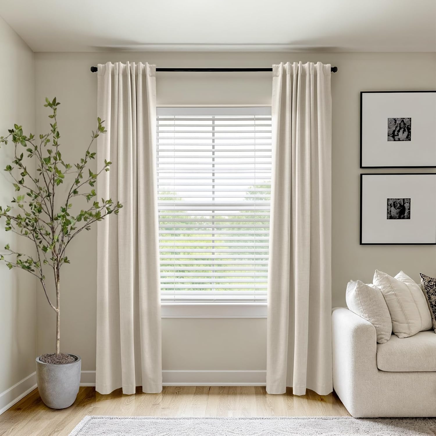 Cortinas opacas 100% Blackout Shield con textura de lino | Beige, con anillas de clip/bolsillo para barra, ideales para dormitorio