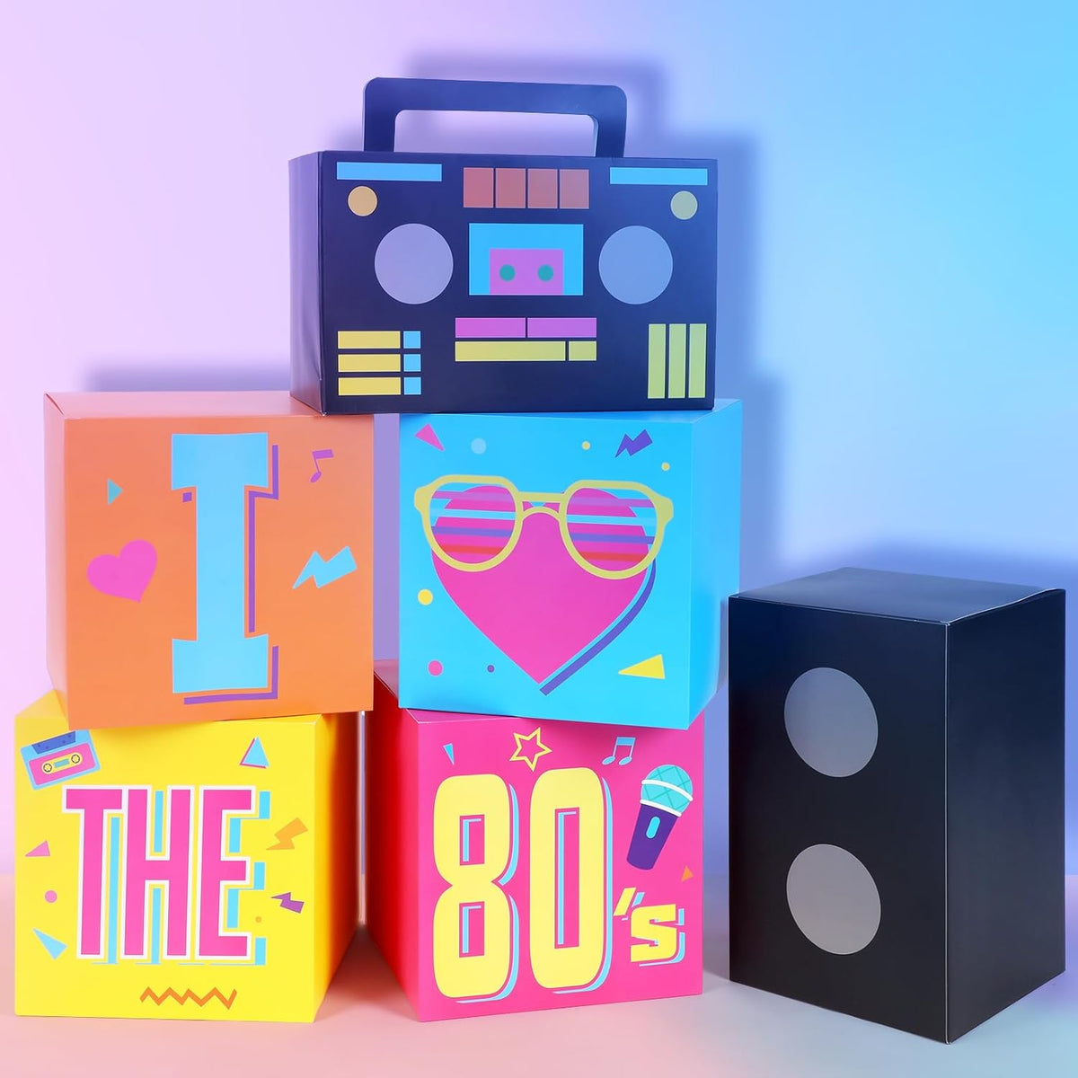Amyhill 6 Piezas Decoracion de Fiesta 80s | Set Hip Hop de Cajas de Papel Tematica Disco | para Cumpleanos Retro Anos 1980 1990, Neon Disco
