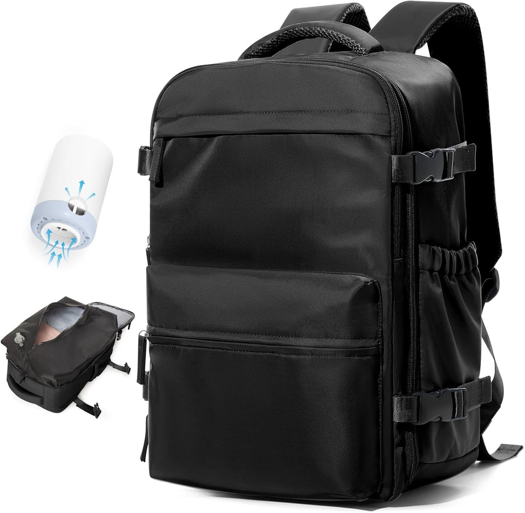 Vacuum Travel Backpack with Pump Women Personal Item Carry on Vacpack Backpacks Flight Approved 18x14x8 inches Men Laptop Waterproof Work Compression bags Casual Daypack Black Vacuum seal backpack
