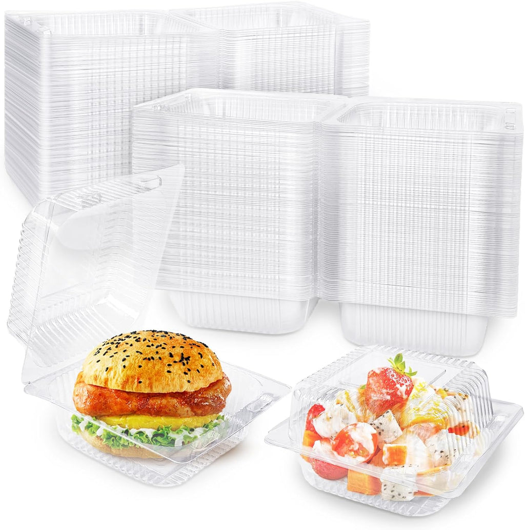 ALGUNOS ESTAN DOBLADOS-Qyyiguf Set de 200 Envases Cuadrados de Plástico con Bisagra | Contenedores Desechables con Tapa para Comida | 5.3x4.7x2.8 Pulgadas