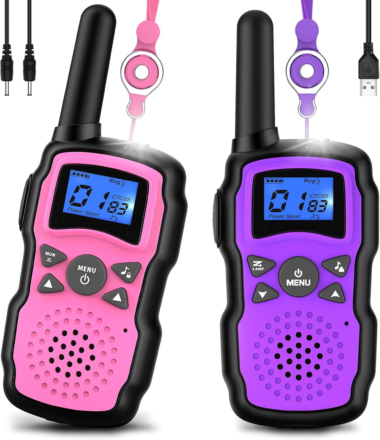 Wishouse Walkie Talkies para Niños Recargables 2 Pack | Batería 6000mAh, Linterna y Correa | Rosa y Morado | Regalo Ideal