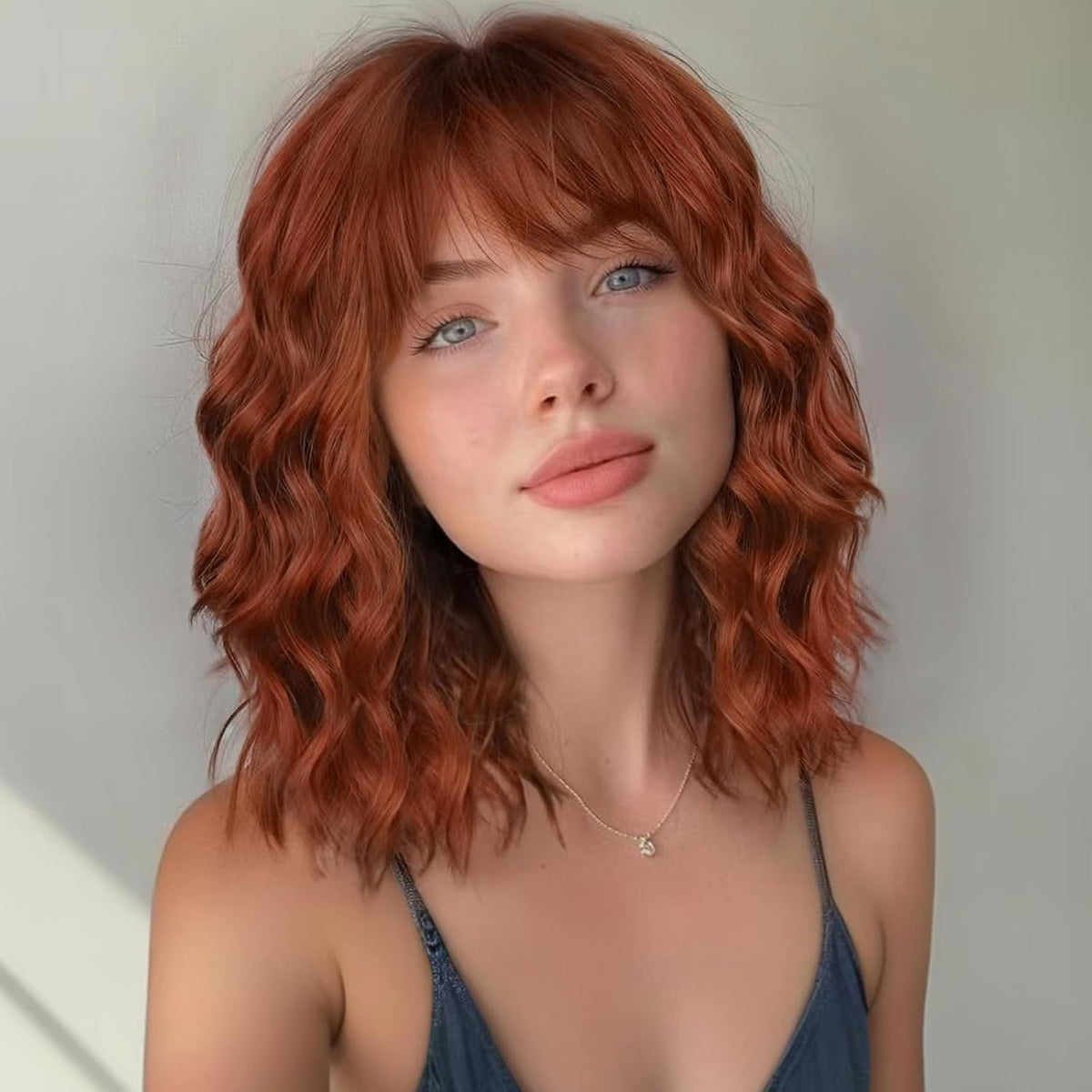 Peluca MINLEE color castaño rojizo con flequillo para mujer, 35,5 cm, bob corto ondulado y rizado, pelucas de cabello castaño rojizo de aspecto natural, pelucas sintéticas resistentes al calor.