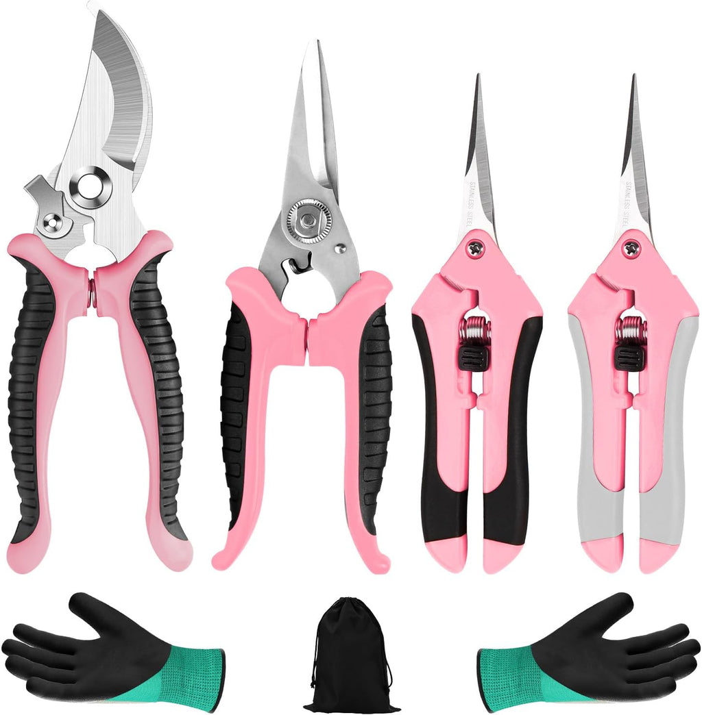Juego de 4 tijeras de podar de jardín con hojas de acero inoxidable, tijeras de podar manuales con guantes de jardinería (rosa)