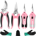 Juego de 4 tijeras de podar de jardín con hojas de acero inoxidable, tijeras de podar manuales con guantes de jardinería (rosa)