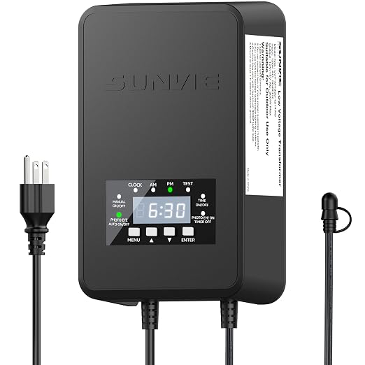SUNVIE Transformador de Bajo Voltaje de 120W Transformador de Iluminación de Paisaje Exterior con Temporizador y Sensor de Fotocélula