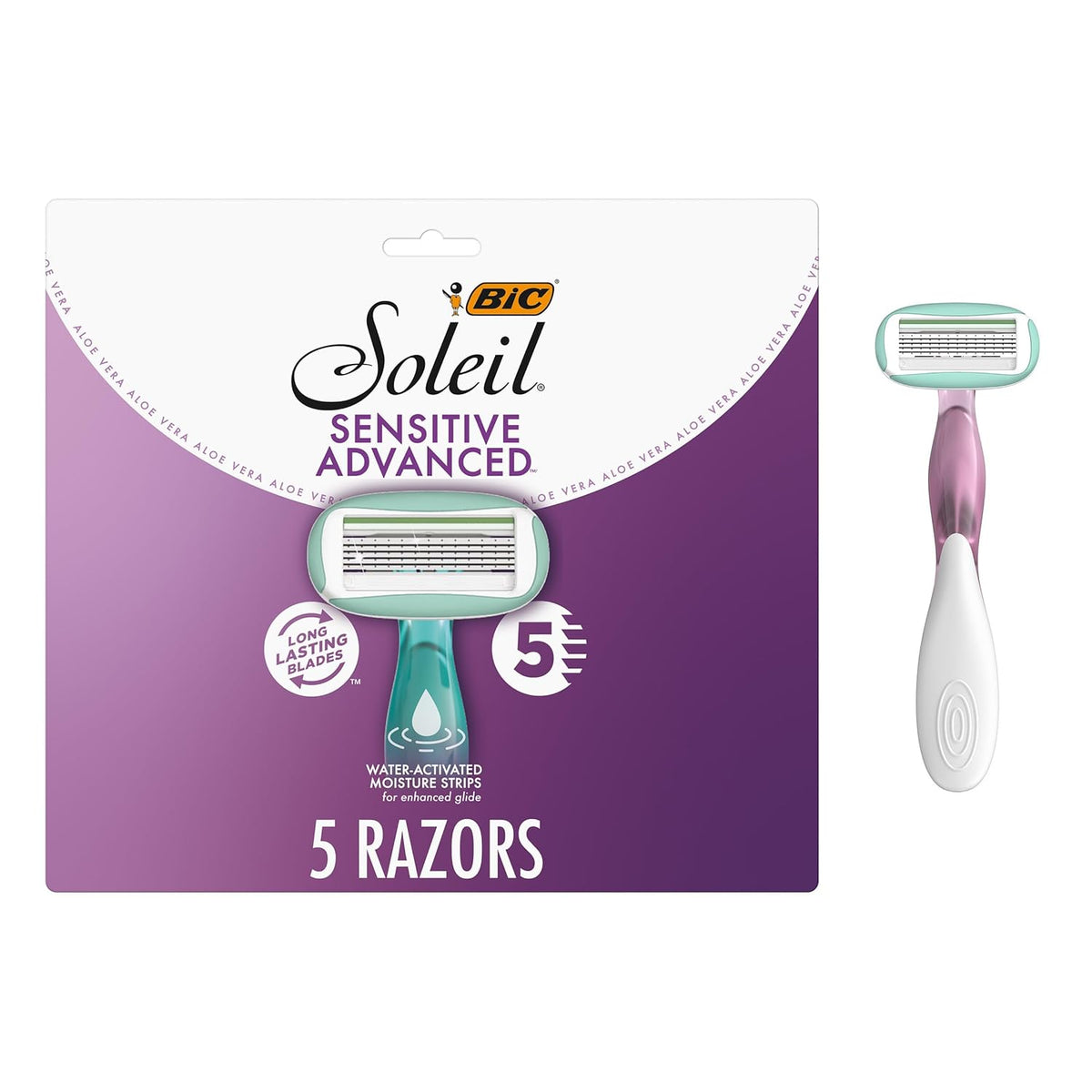 Rasuradora BIC Soleil 5 Sensible para Mujeres – 5 Cuchillas, Franjas de Humedad, Cabeza Giratoria 360°, Paquete de 5