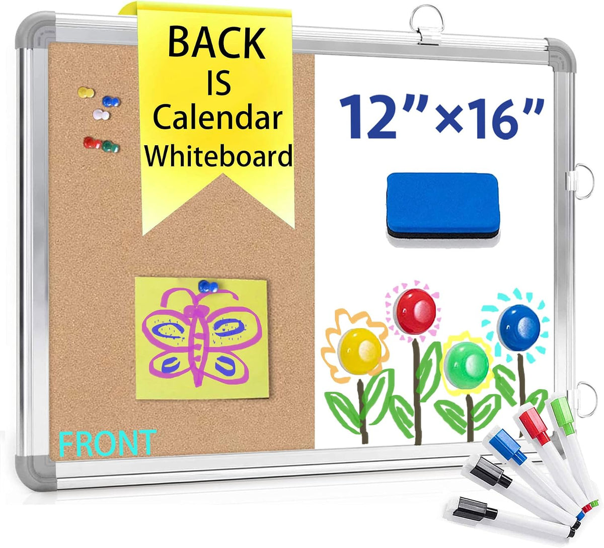 Ncozwo Pizarra Magnetica 3 en 1, Calendario, Corcho y Pizarra Blanca, 12 x 16 Pulgadas, con 5 Marcadores y Borrador Magnetico, Portatil