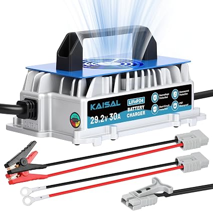 Cargador de batería de litio de 24 V 30 A, cargador de batería LiFePO4 de 29,2 V, resistente al agua IP67 y función de activación a 0 V, cargador de litio de 24 voltios con 2 conectores y 8 protecciones para baterías