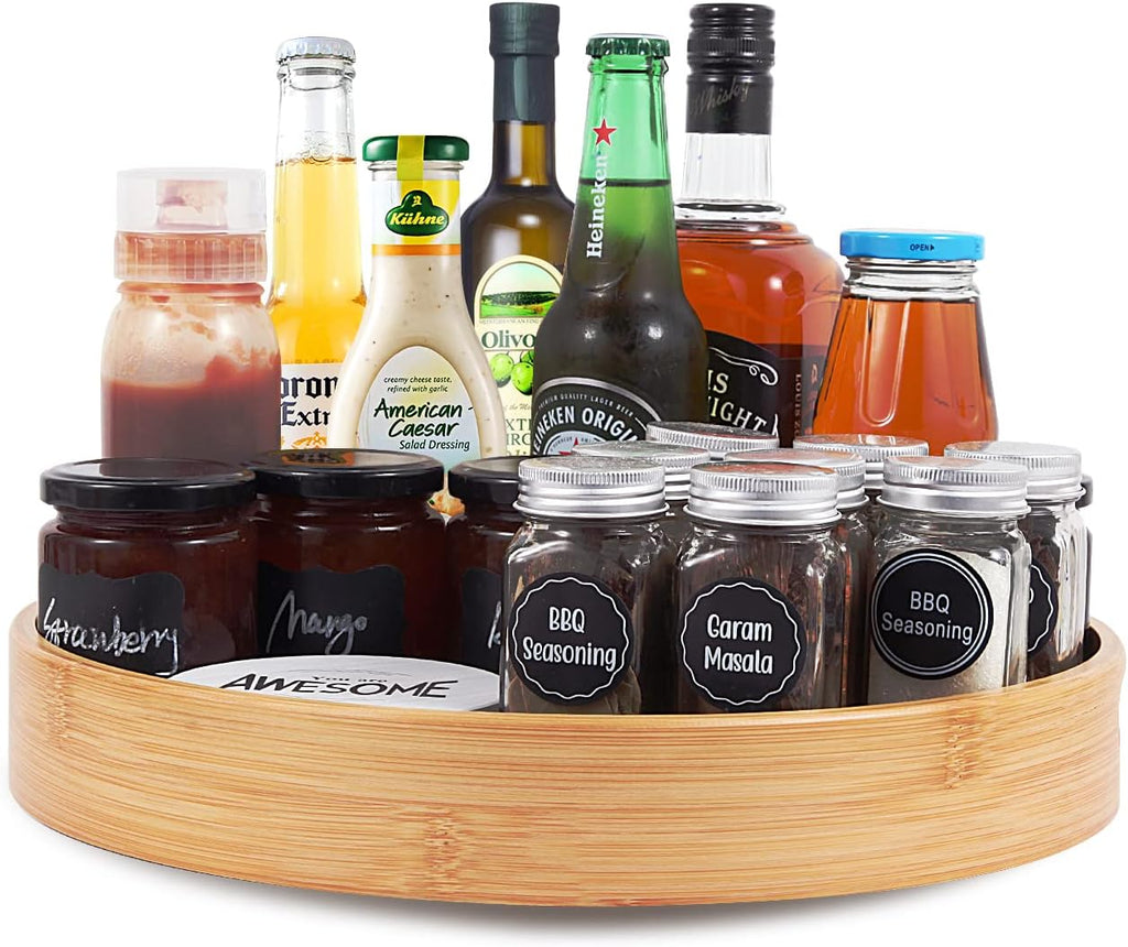 Organizador Giratorio Lazy Susan de Bambú 14 Pulgadas con Doble Asa – Para Mesa, Gabinete y Despensa