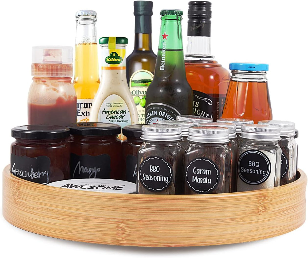 Organizador Giratorio Lazy Susan de Bambú 14 Pulgadas con Doble Asa – Para Mesa, Gabinete y Despensa