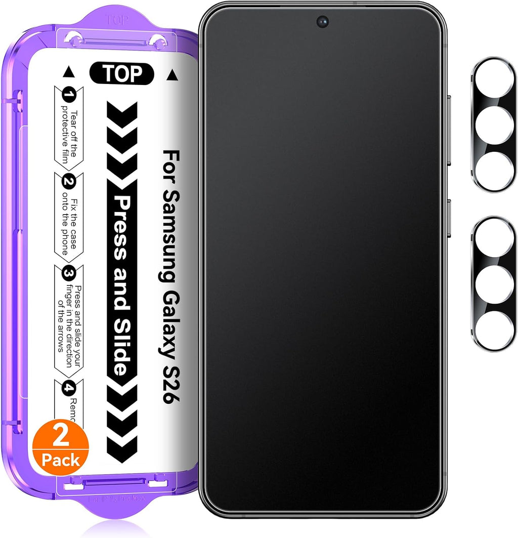 Ksleri Paquete de 2 protectores de pantalla de vidrio mate para Samsung Galaxy S26 [6.2 pulgadas] + Paquete de 2 protectores de lente de cámara con kit de fácil instalación, antirreflejos, vidrio templado de 0.2 mm
