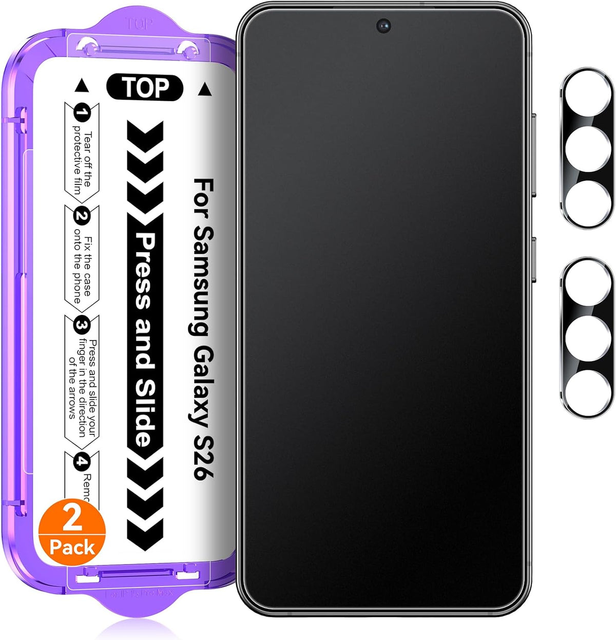 Ksleri Paquete de 2 protectores de pantalla de vidrio mate para Samsung Galaxy S26 [6.2 pulgadas] + Paquete de 2 protectores de lente de cámara con kit de fácil instalación, antirreflejos, vidrio templado de 0.2 mm