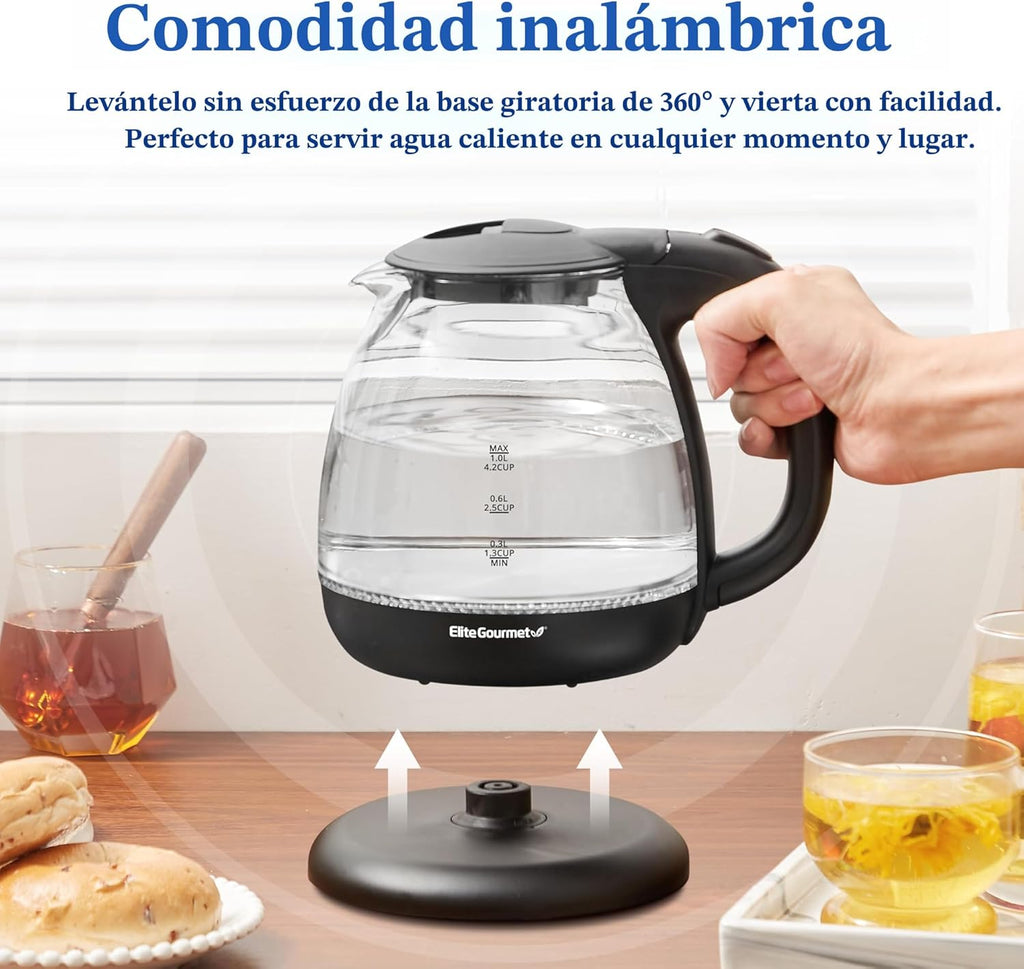 Pava eléctrica de Elite Gourmet EKT1001, de 1,0 L, sin BPA, de 1100 W, de cristal, inalámbrica, base de 360°, elegante interior con luz LED azul, práctica función