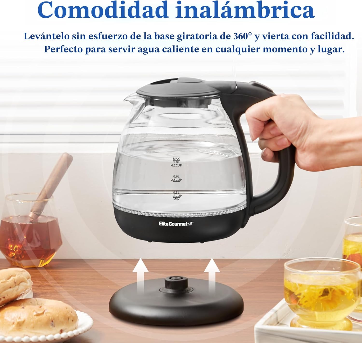 Pava eléctrica de Elite Gourmet EKT1001, de 1,0 L, sin BPA, de 1100 W, de cristal, inalámbrica, base de 360°, elegante interior con luz LED azul, práctica función