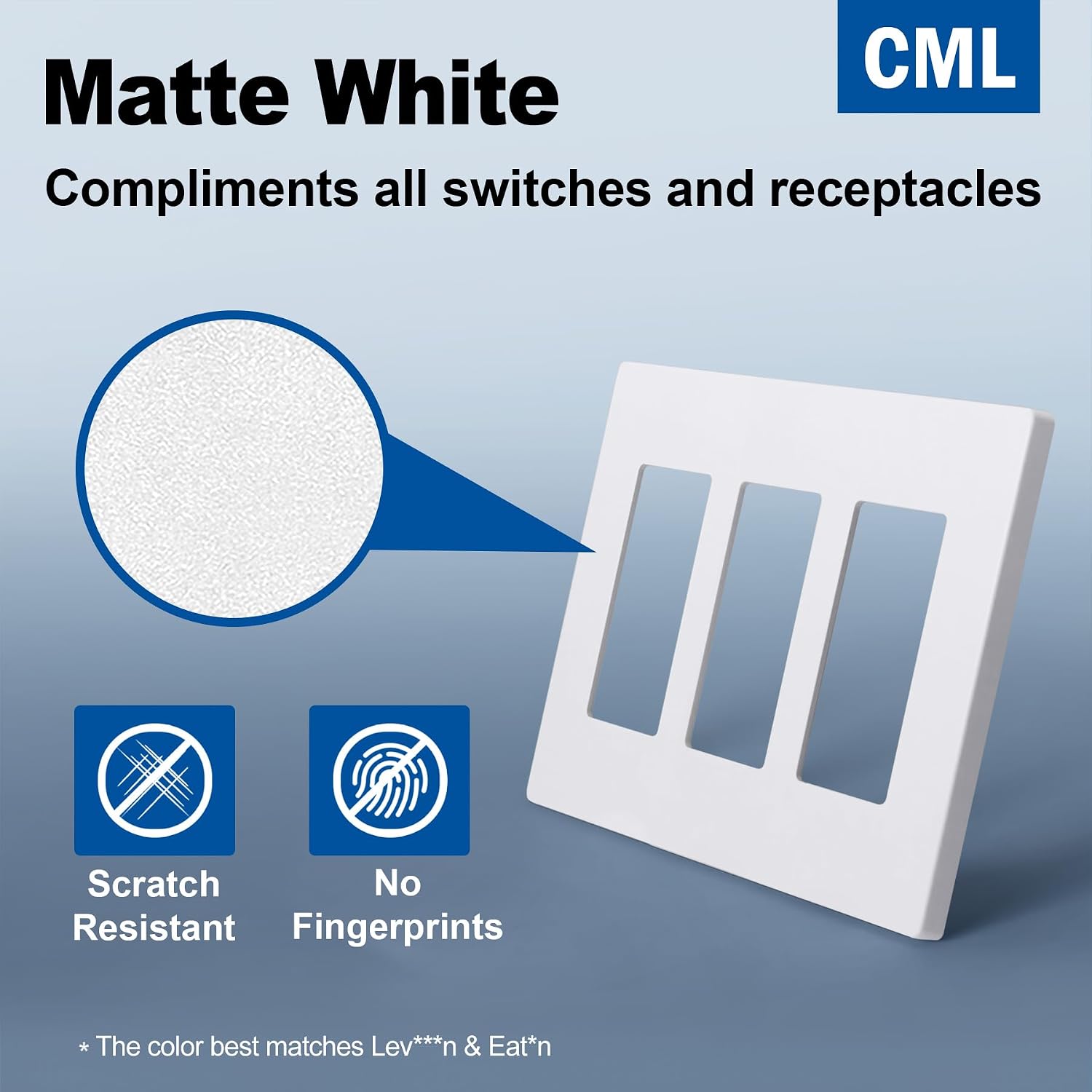CML Placa de pared blanca mate sin tornillos, cubiertas de tomacorriente de 3-Gang, paquete de 2 placas decorativas para interruptores de luz, resistentes a arañazos e impactos, policarbonato, tamaño