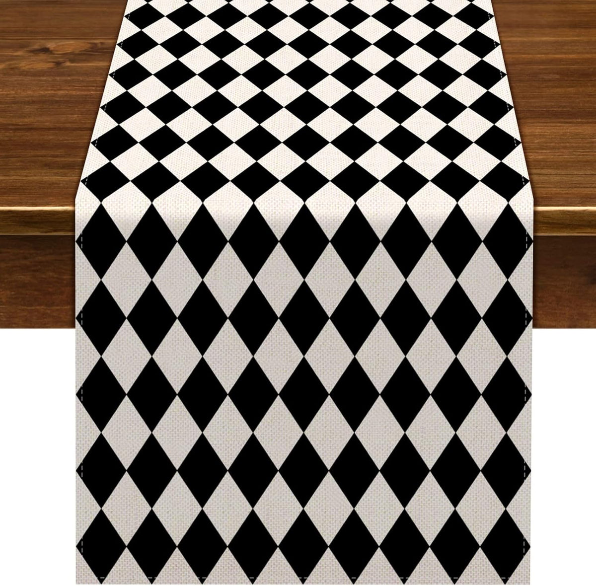 Camino de mesa Nepnuser Black White Diamond para fiestas temáticas de té, picnics y vacaciones, mantel a cuadros Harlequin para cocina y comedor, 72 pulgadas de largo.