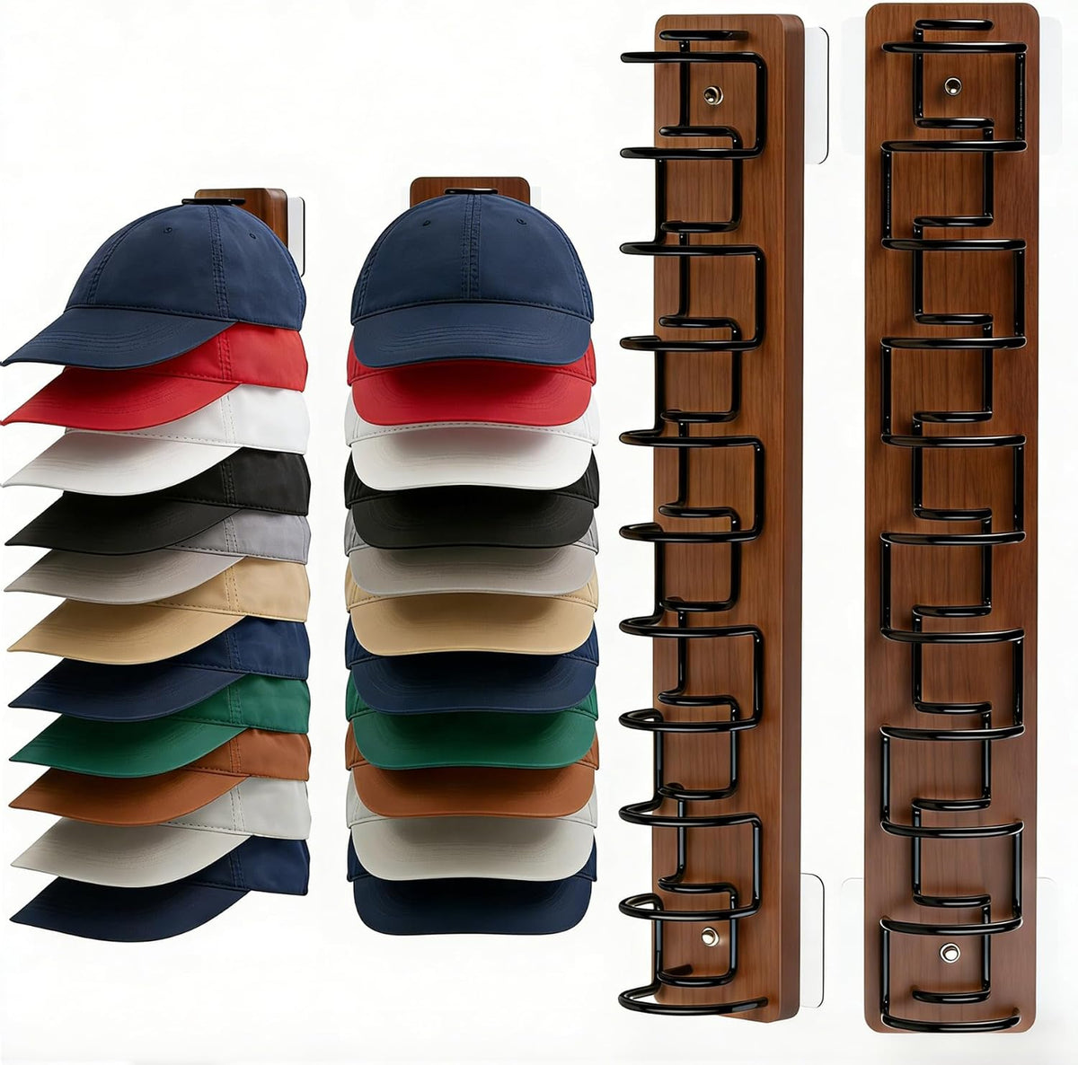 Organizador de sombreros (paquete de 2) para gorras de béisbol, perchero de madera y metal para pared.
