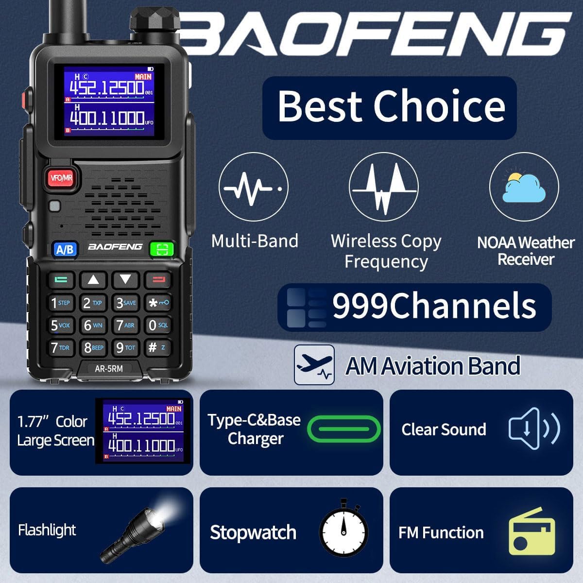 Baofeng Radio Ham Radio portátil UV-5R actualización de largo alcance recargable AR-5RM 10W NOAA radio táctica de emergencia meteorológica bidireccional con cable de programación para equipo de supervivencia, caza, campamento, paquete de 2