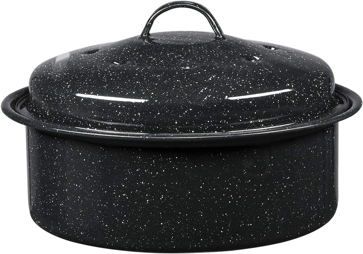 Granite Ware Asadera Redonda Pequeña con Tapa de 8.7 Pulgadas | Capacidad de 3 Libras | Acero Esmaltado Sin PFOA | Apta para Lavavajillas | Negro Moteado