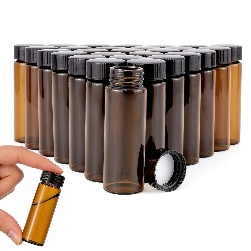 Njvial 28Pcs 30ml(1oz) Small Amber Glass Vials with Lids Lab Sample Vials Empty Refillable Portable Glass Bottles with Screw Caps for Essential Oils Liquid Samples DIY Craft Travel Use