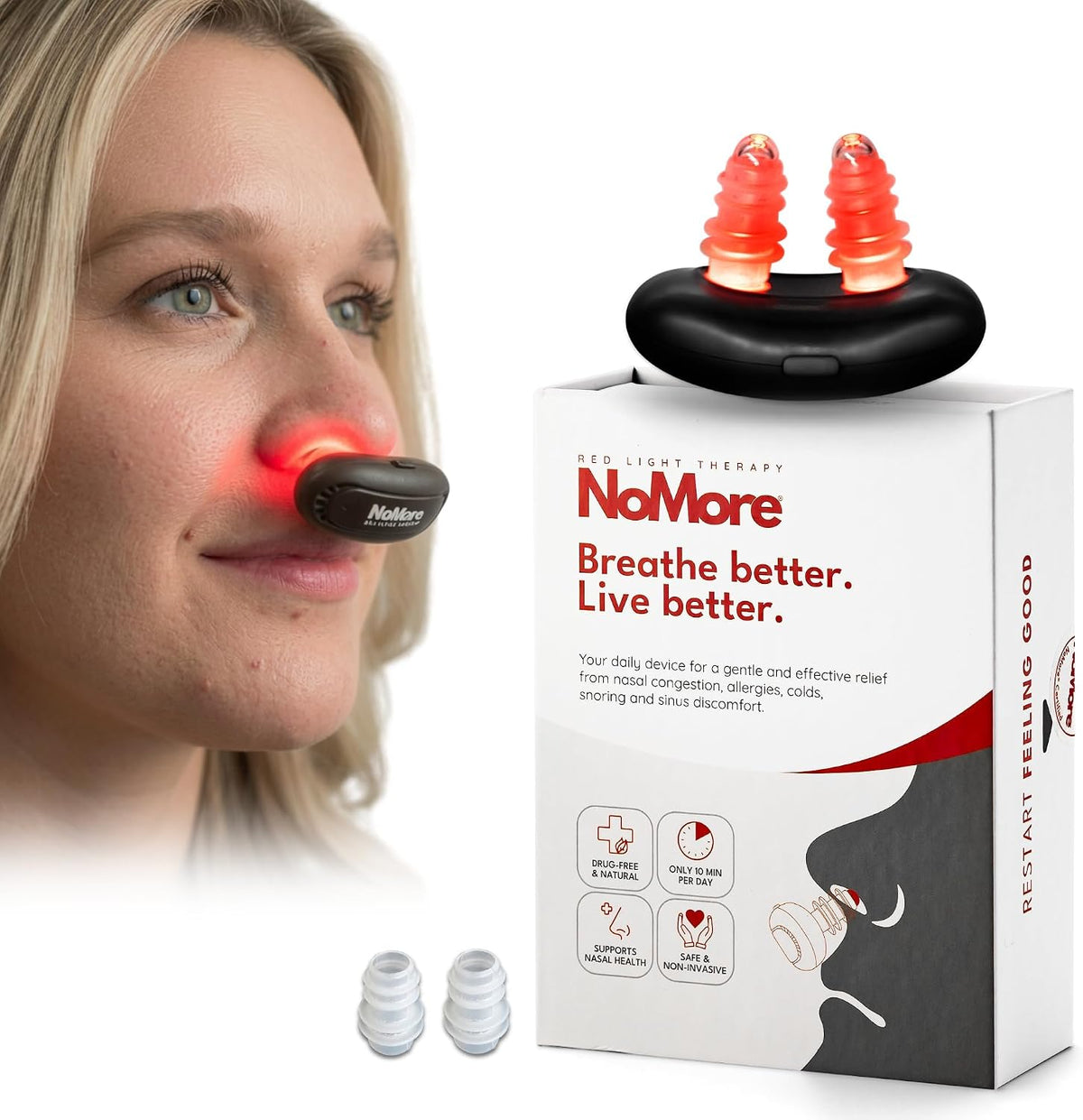 Terapia de luz roja NoMore original para la nariz: dispositivo nasal LED para la comodidad de la nariz seca y los senos paranasales, adiós a los resfriados, terapia de luz recargable por USB.