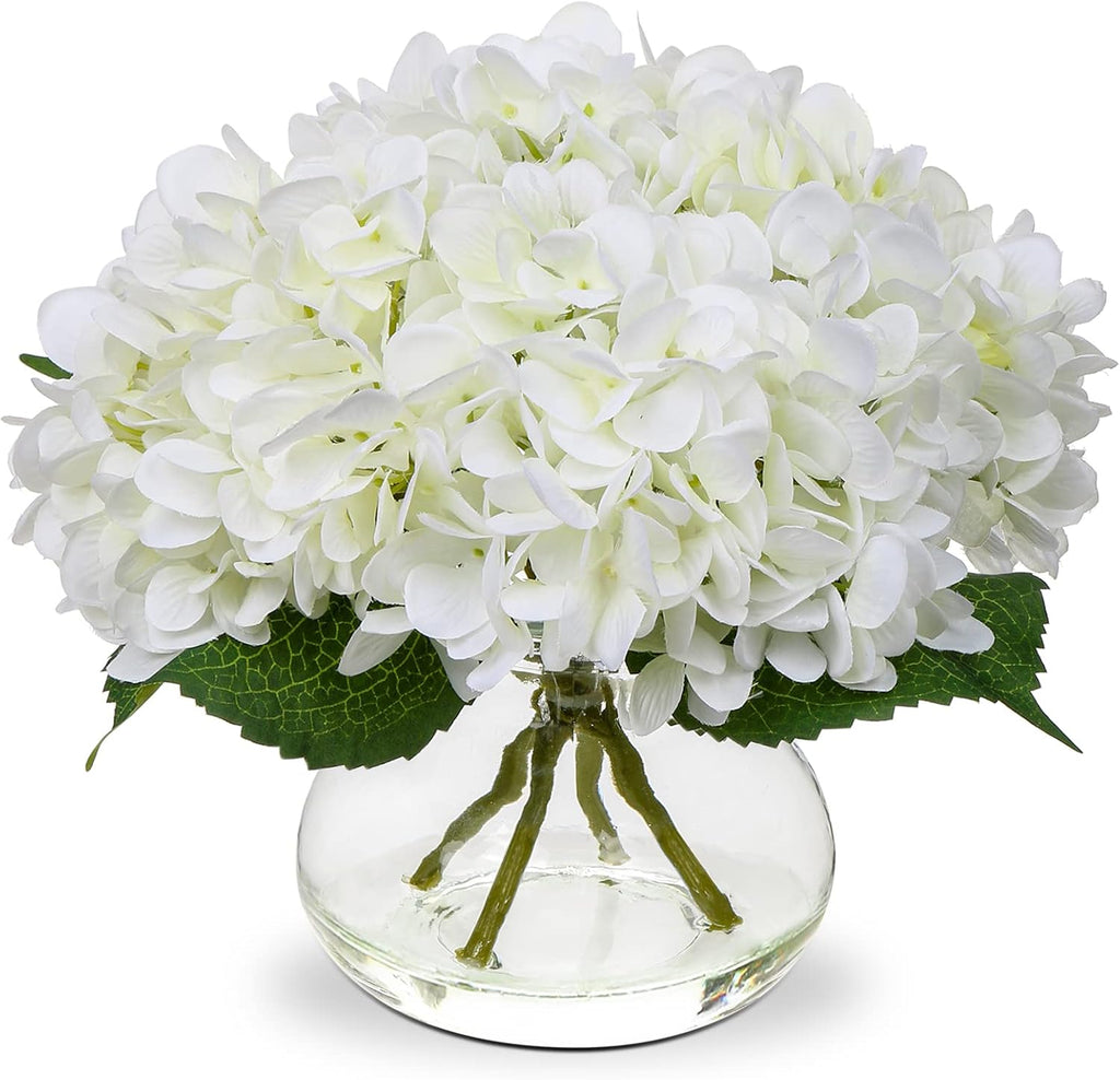 Hollyone Hortensias Artificiales con Florero | Flores de Seda Blancas con Arreglo en Jarron de Vidrio | Agua Falsa Incluida | Centro de Mesa para Casa, Bano y Oficina