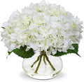 Hollyone Hortensias Artificiales con Florero | Flores de Seda Blancas con Arreglo en Jarron de Vidrio | Agua Falsa Incluida | Centro de Mesa para Casa, Bano y Oficina