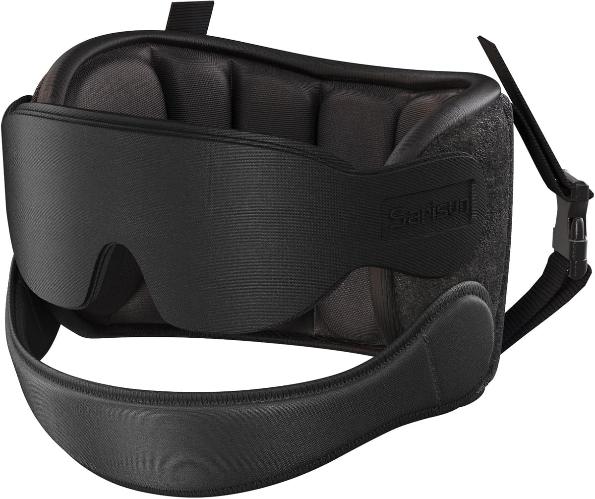Almohada de Viaje SARISUN | Correa Barbilla + Antifaz | Reposacabezas Giratorio 360° Botón Parada | Vuelos Largos y Coche | Color Negro | 1 Unidad