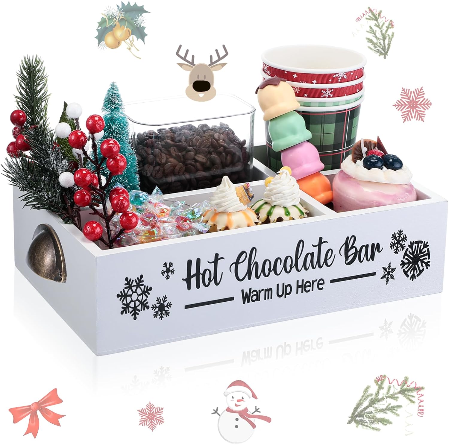 Organizador de estación de café y chocolate caliente navideño Soaoo, caja de madera decorativa con asa, soporte para cápsulas de café para encimera, contenedores decorativos navideños, accesorios de bar (blanco) 