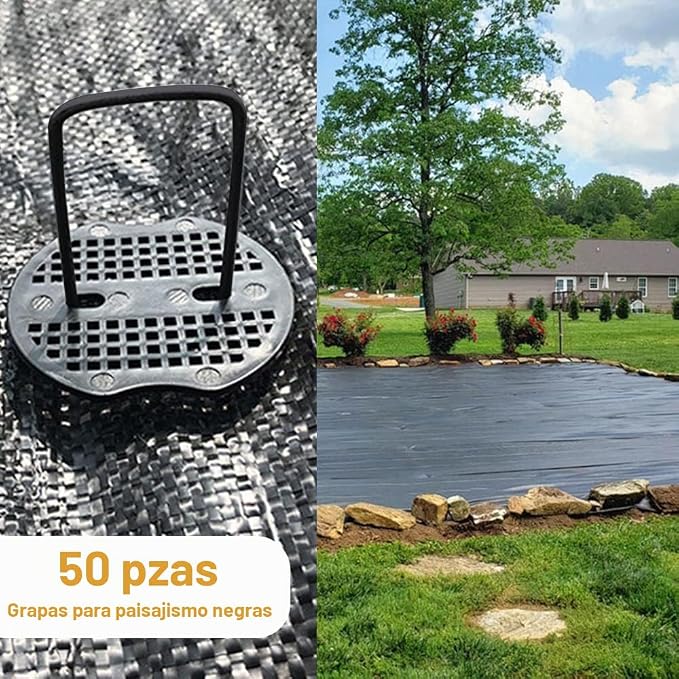 Bakulyor 50 piezas de grapas negras para paisaje + 50 piezas de arandelas de búfer, grapas de estacas de jardín de 15,2 cm, calibre 11, estacas de césped en forma de U galvanizadas, pernos de césped