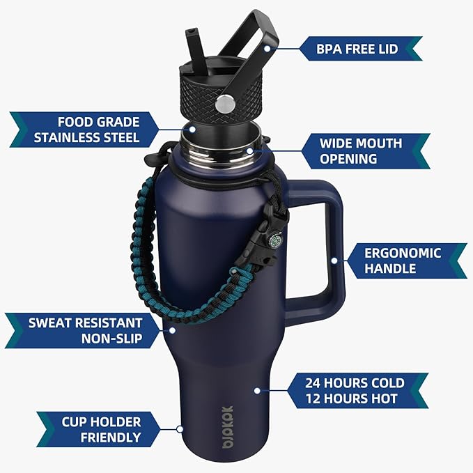 ⚠️ NOTA IMPORTANTE: NO CONTIENE LA TAPA DE REPUESTO, INCLUYE UNA PAJILLA DE REPUESTO Y EL LIMPIA PAJILLAS | BJPKPK – Botella de Agua Aislada 40oz con Tapa de Popote | 2 Tapas | Correa Paracord | Acero Inoxidable Doble Pared | Con Asa