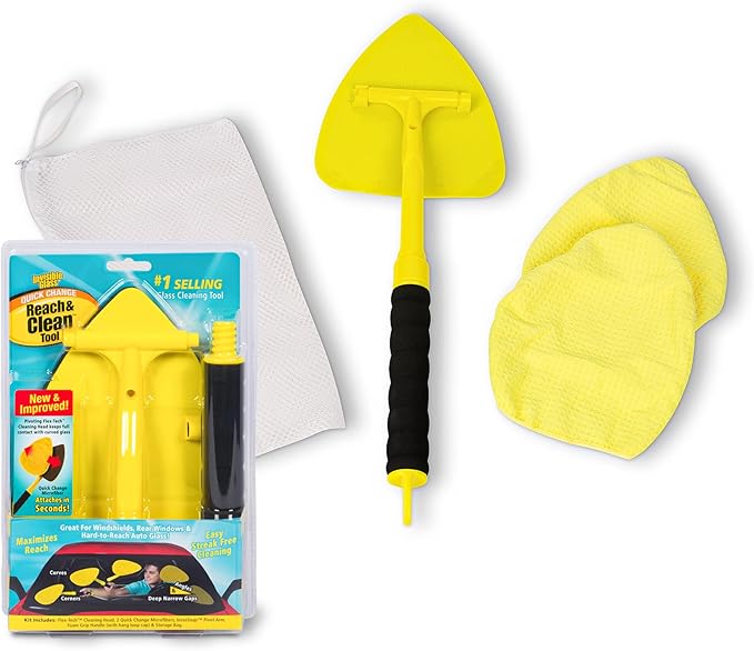 Invisible Glass 95160 - Kit de herramientas de limpieza de parabrisas Reach & Clean con mango extensible, (2) microfibras reutilizables de cambio rápido y bolsa de almacenamiento para parabrisas